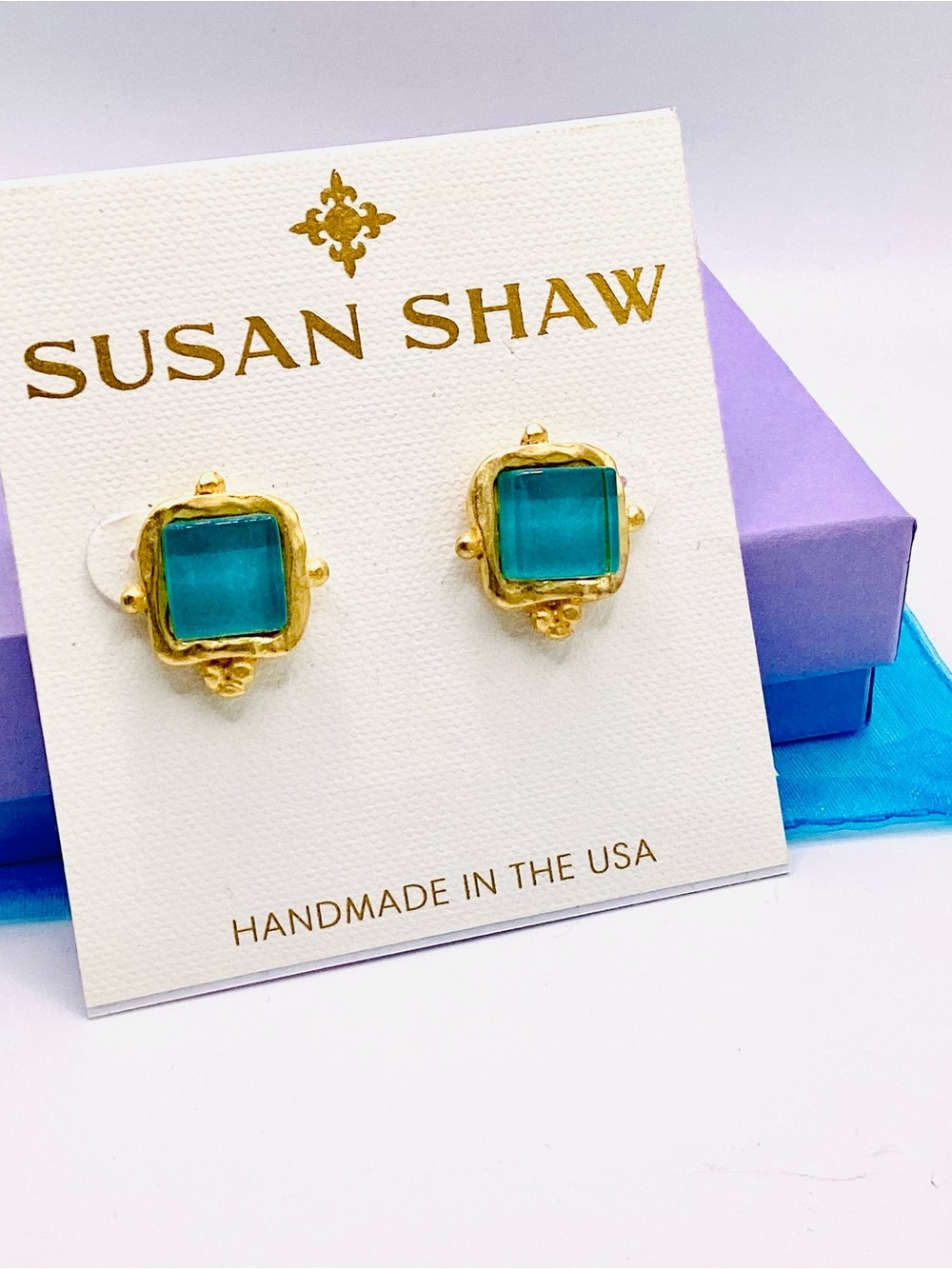 Susan Shaw Teal Square Glass Gold-Trim Stud Earrings
